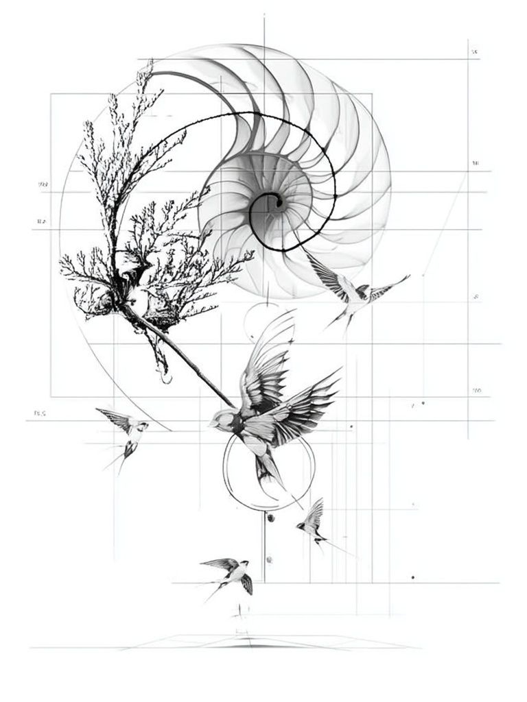 Nautilus and Birds Ink Print. poster — illustration art