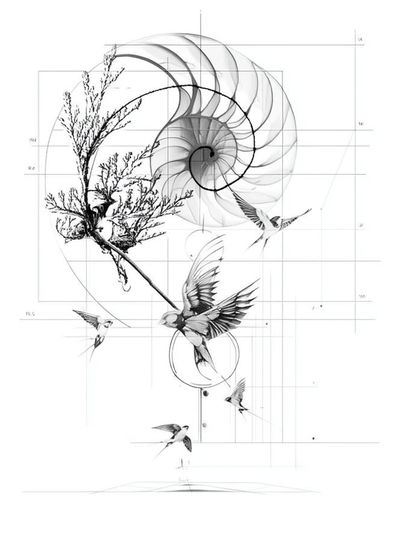 Nautilus and Birds Ink Print. poster