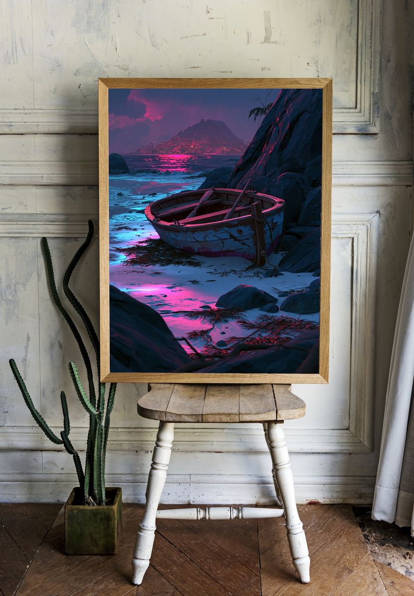 Neon Shoreline Boat Landscape Poster. room preview