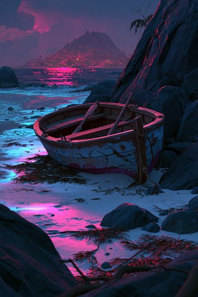 Neon Shoreline Boat Landscape Poster.