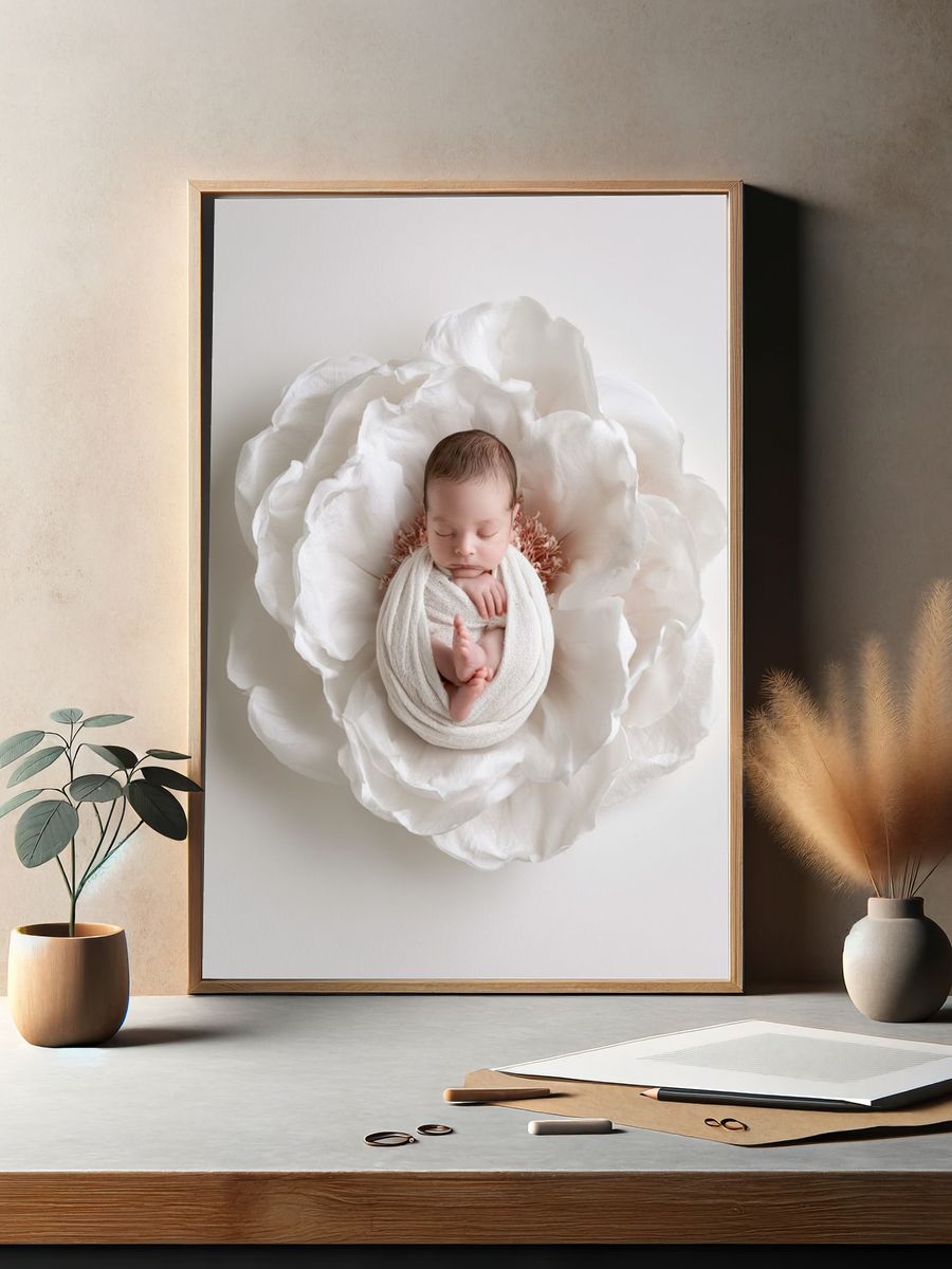 Sleeping Newborn Flower Portrait Print. — room view 2