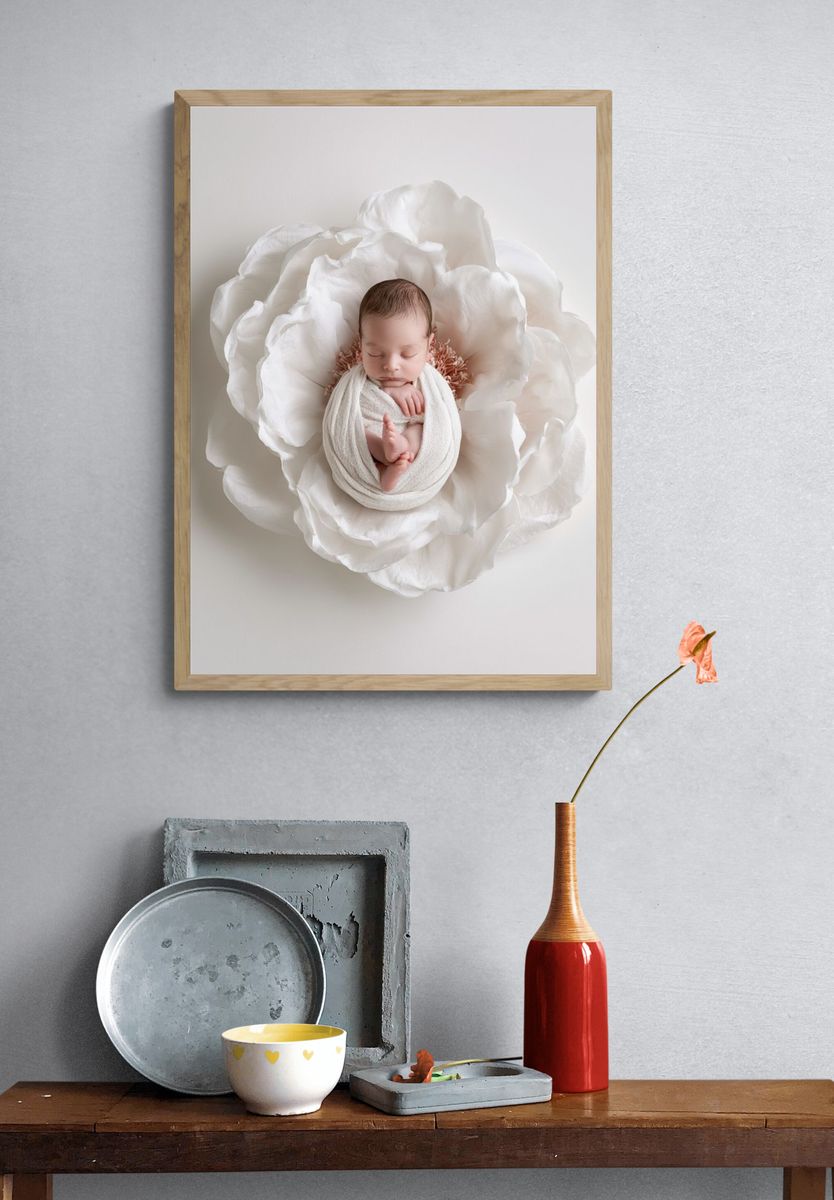 Sleeping Newborn Flower Portrait Print. — room view 3