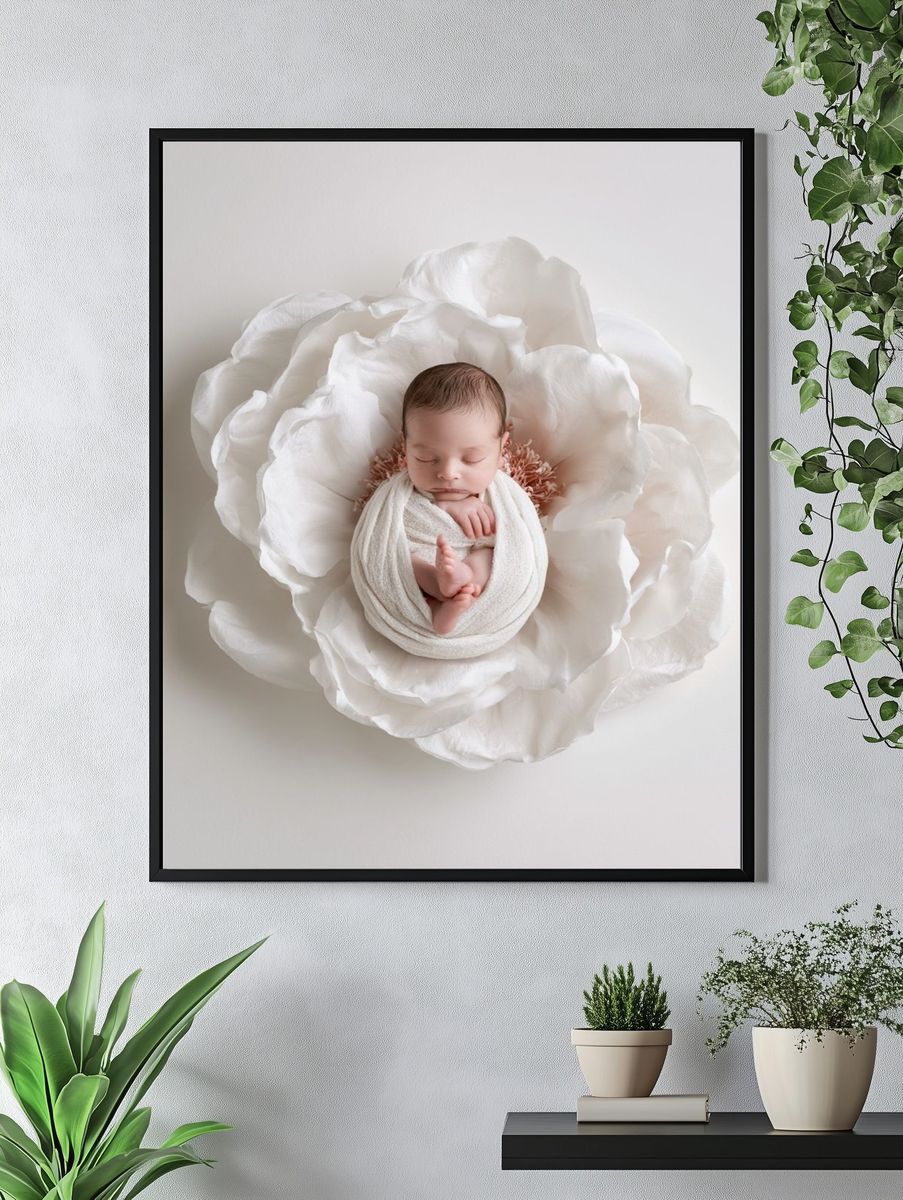 Sleeping Newborn Flower Portrait Print. — room view 4
