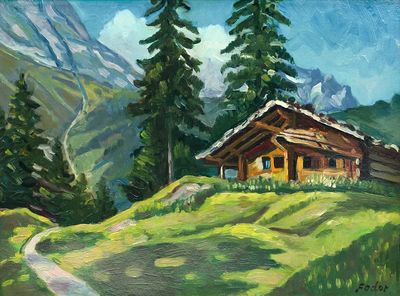 Mountain Cabin Landscape Poster.
