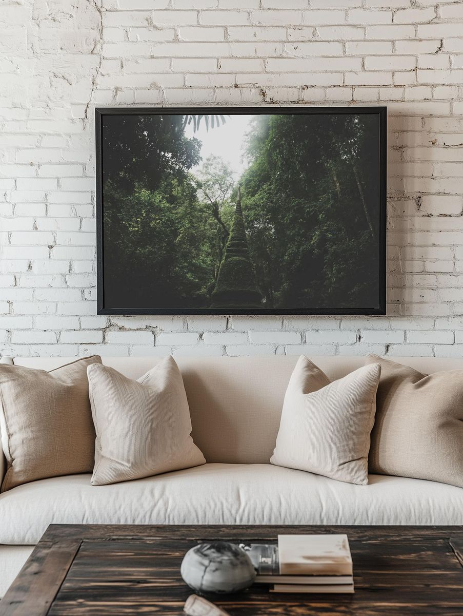 Moss-Covered Stupa in Lush Forest — Nature Print room preview