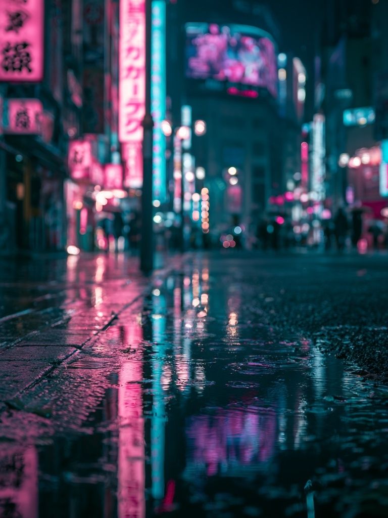 Neon Rainy City Street Photography Poster. poster detail