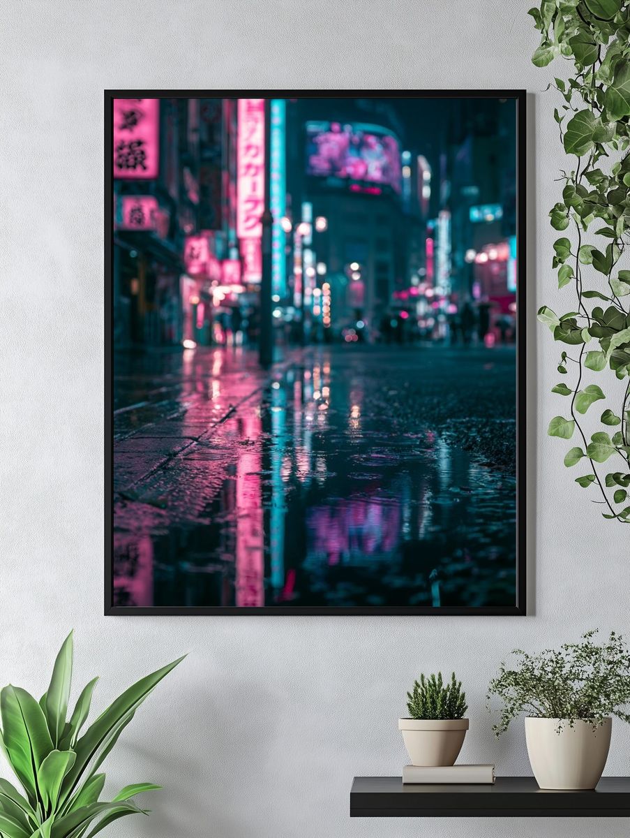 Neon Rainy City Street Photography Poster. — room view 4