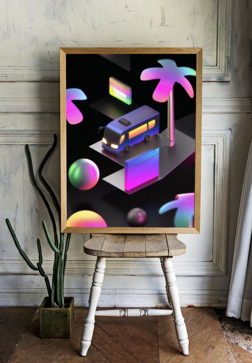 Neon Camper Van Illustration Poster. room preview