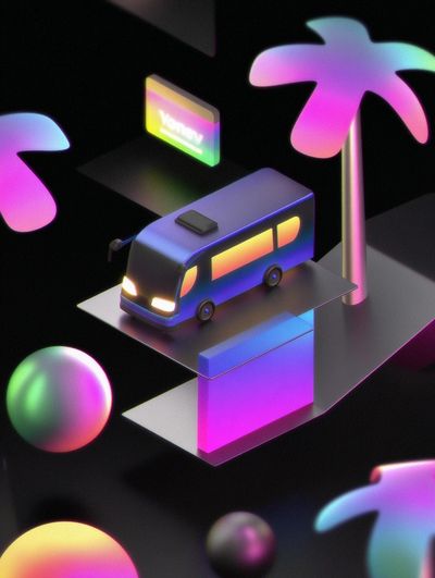 Neon Camper Van Illustration Poster.
