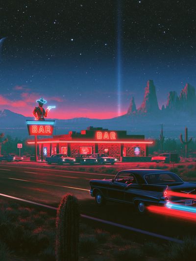 Neon Desert Bar — Retro Print.