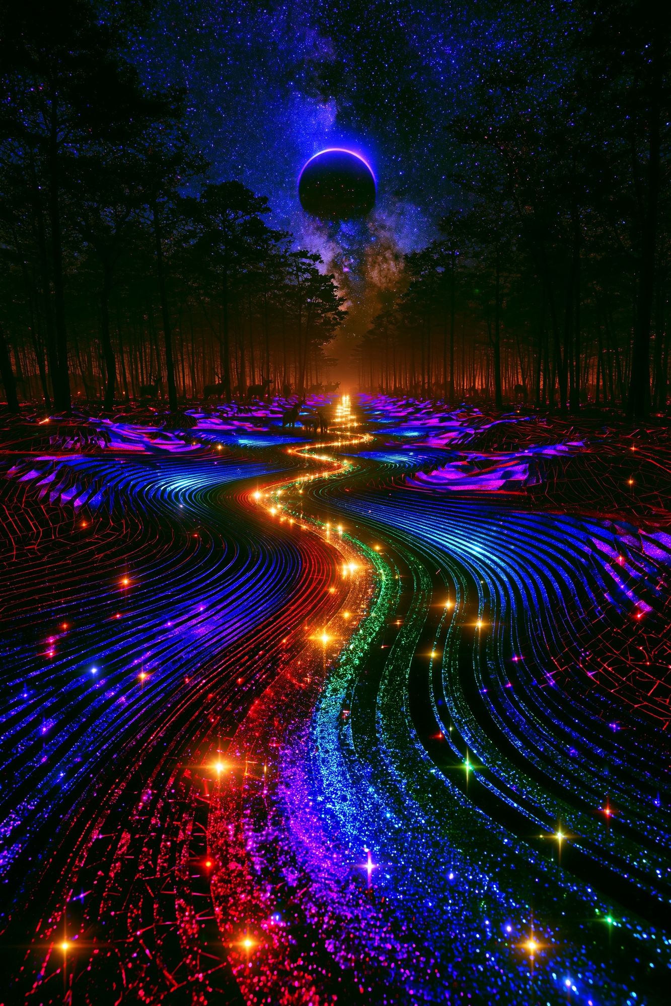 Neon Eclipse Forest Print. poster — illustration art