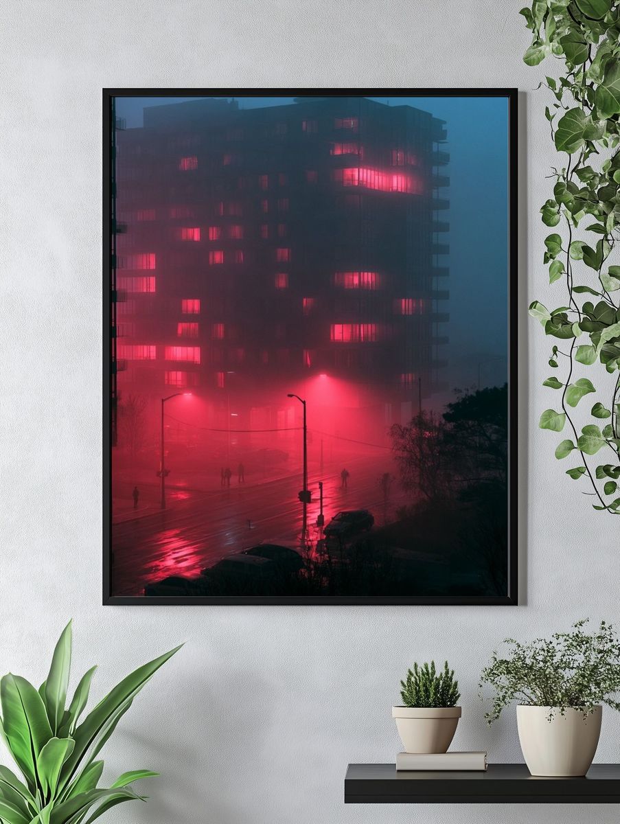 Neon Fog Cityscape Photography Poster. — room view 4