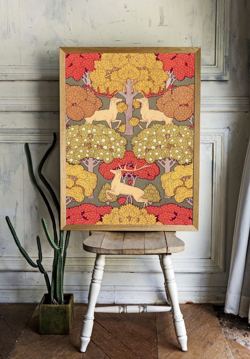 Autumn Forest with Deer — Vintage Print. room preview