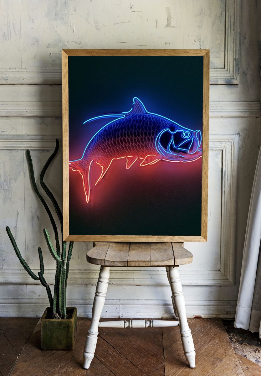 Neon Fish Illustration Poster. — room view 1