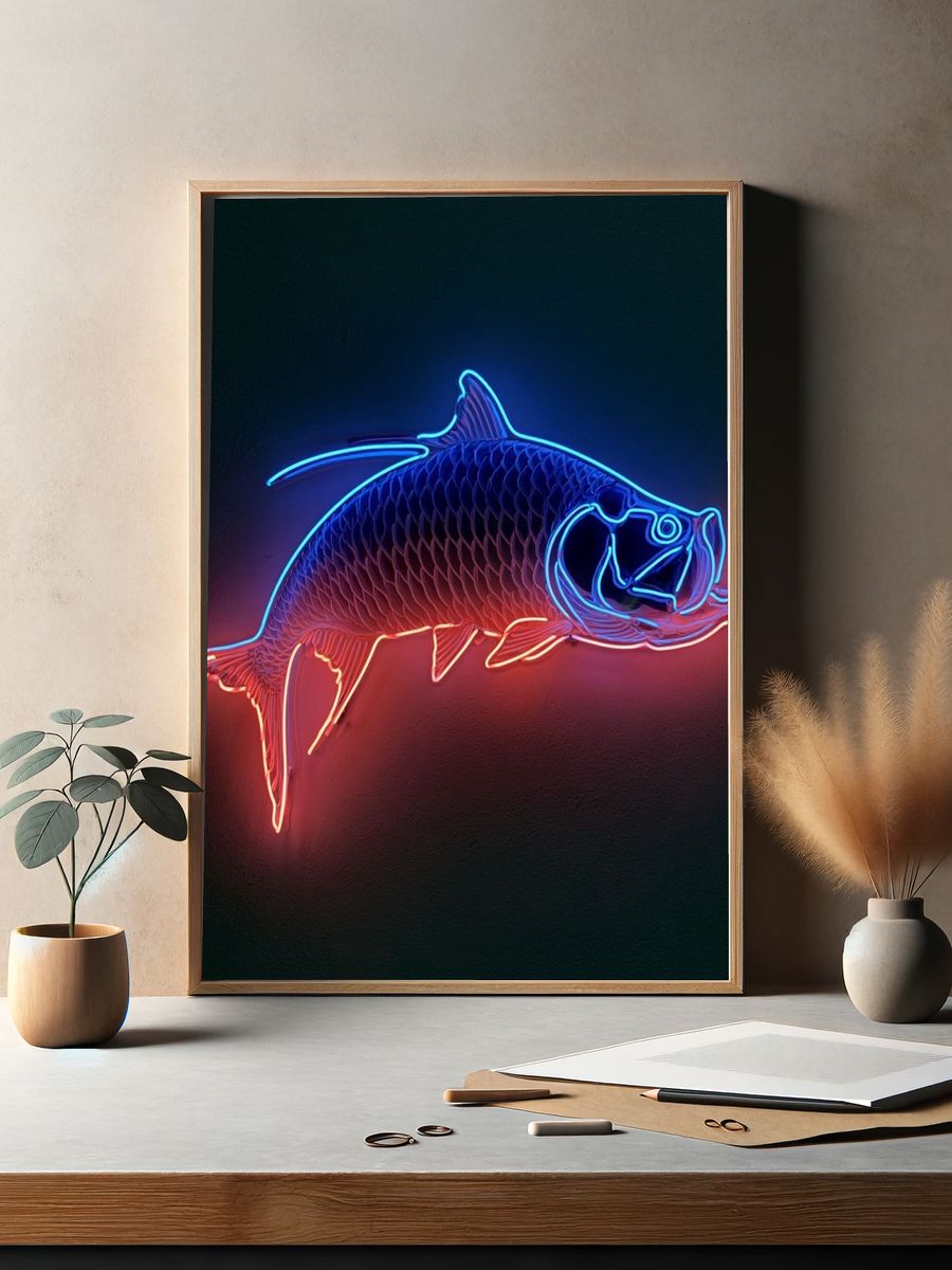 Neon Fish Illustration Poster. — room view 2