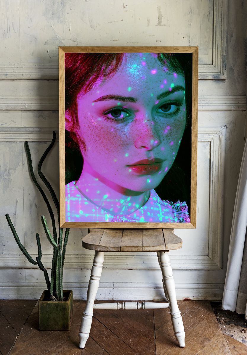 Neon Freckled Portrait Photography Poster. room preview