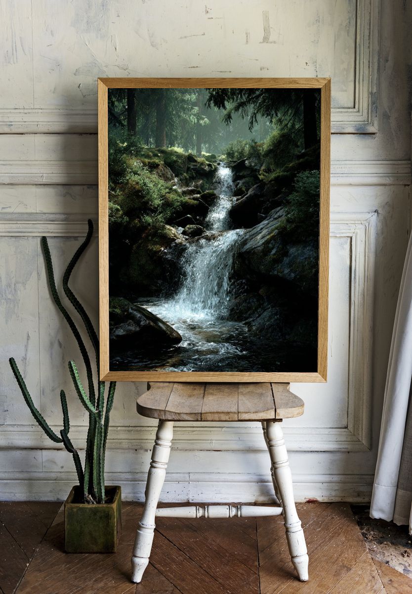 Serene Forest Waterfall Poster. — room view 1