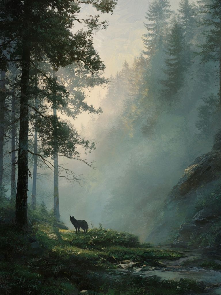 Misty Forest with Wolf — Nature Print. poster — nature art