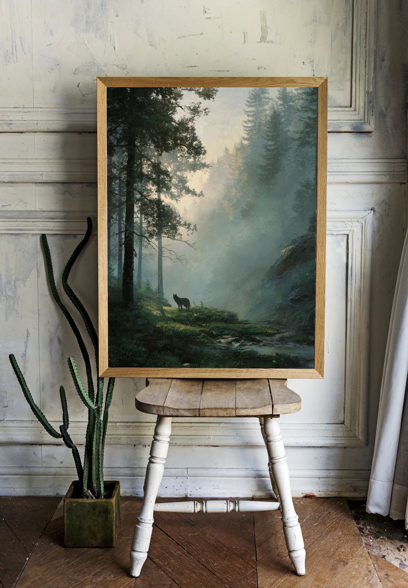 Misty Forest with Wolf — Nature Print room preview