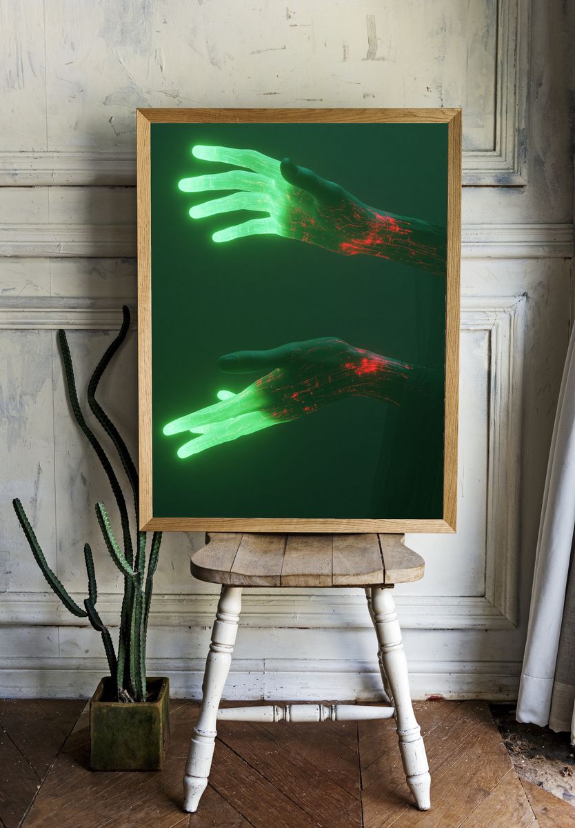 Neon Hands Digital Art Poster. — room view 1