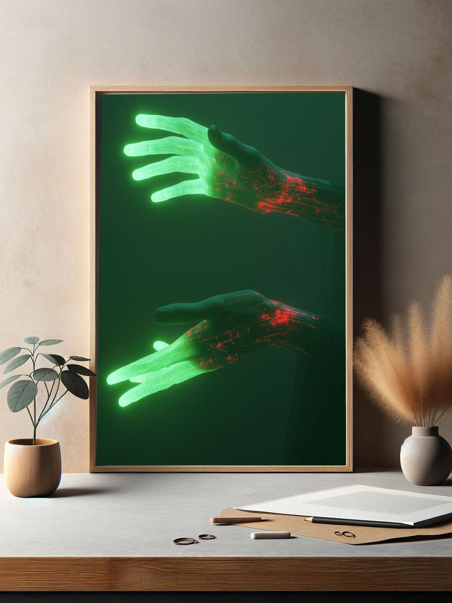 Neon Hands Digital Art Poster. — room view 2