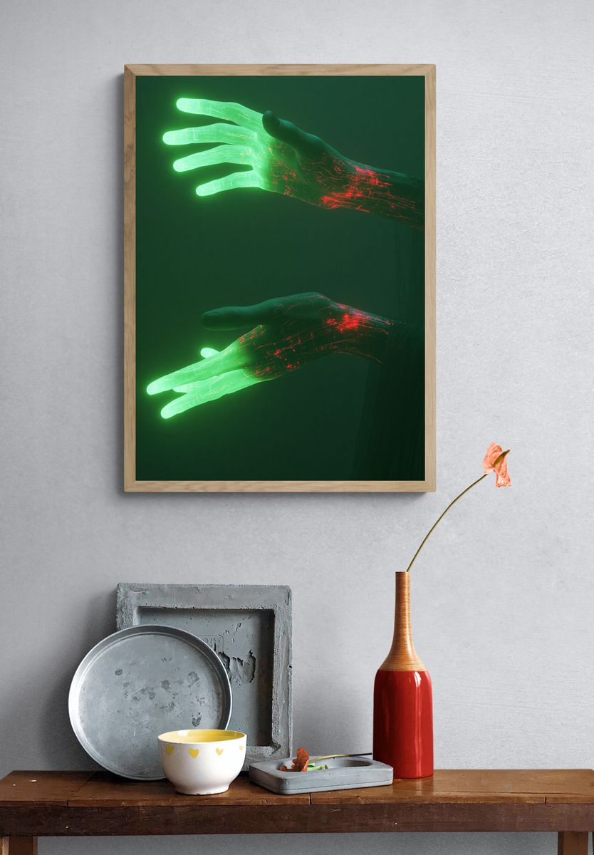 Neon Hands Digital Art Poster. — room view 3