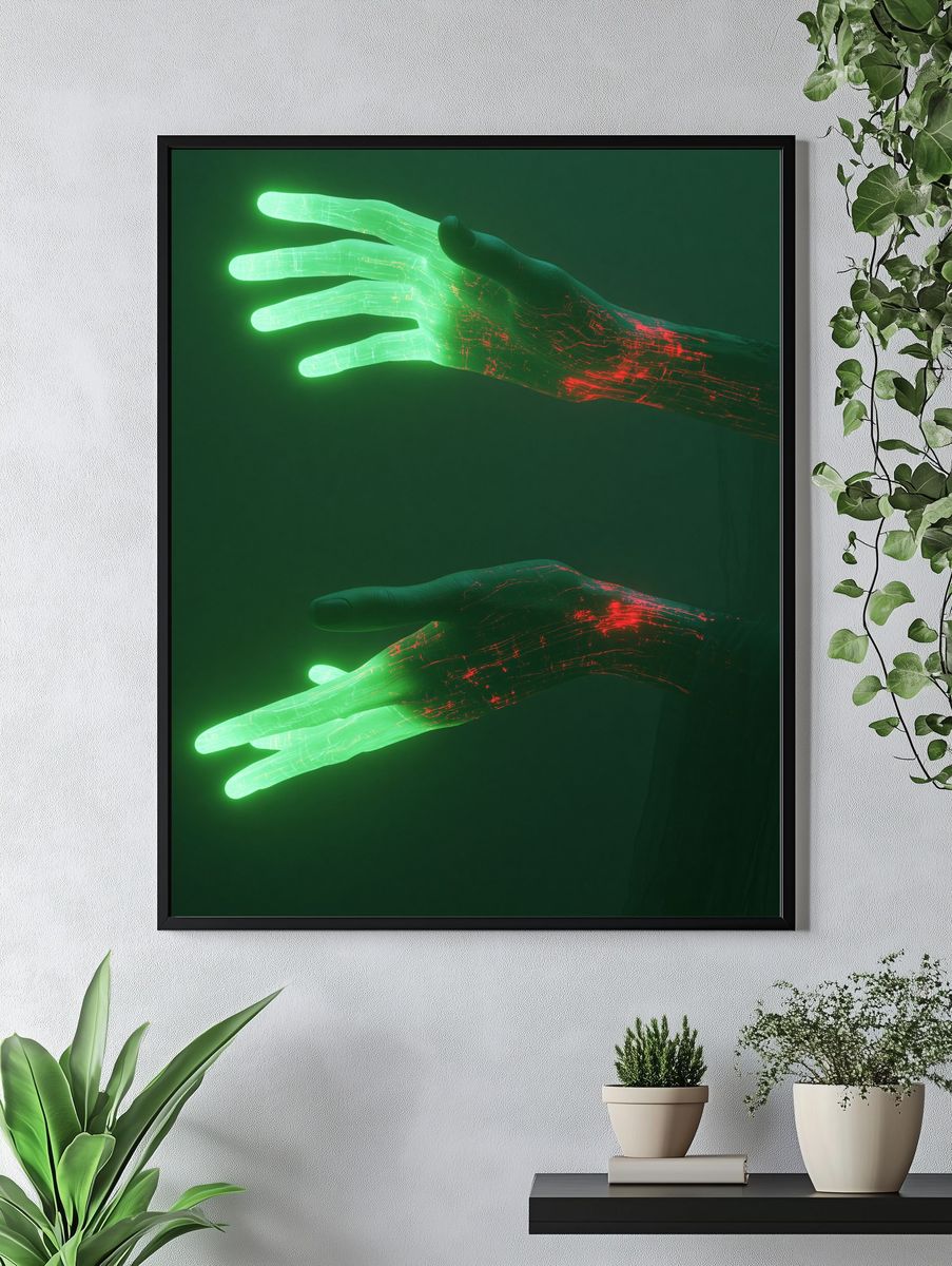 Neon Hands Digital Art Poster. — room view 4
