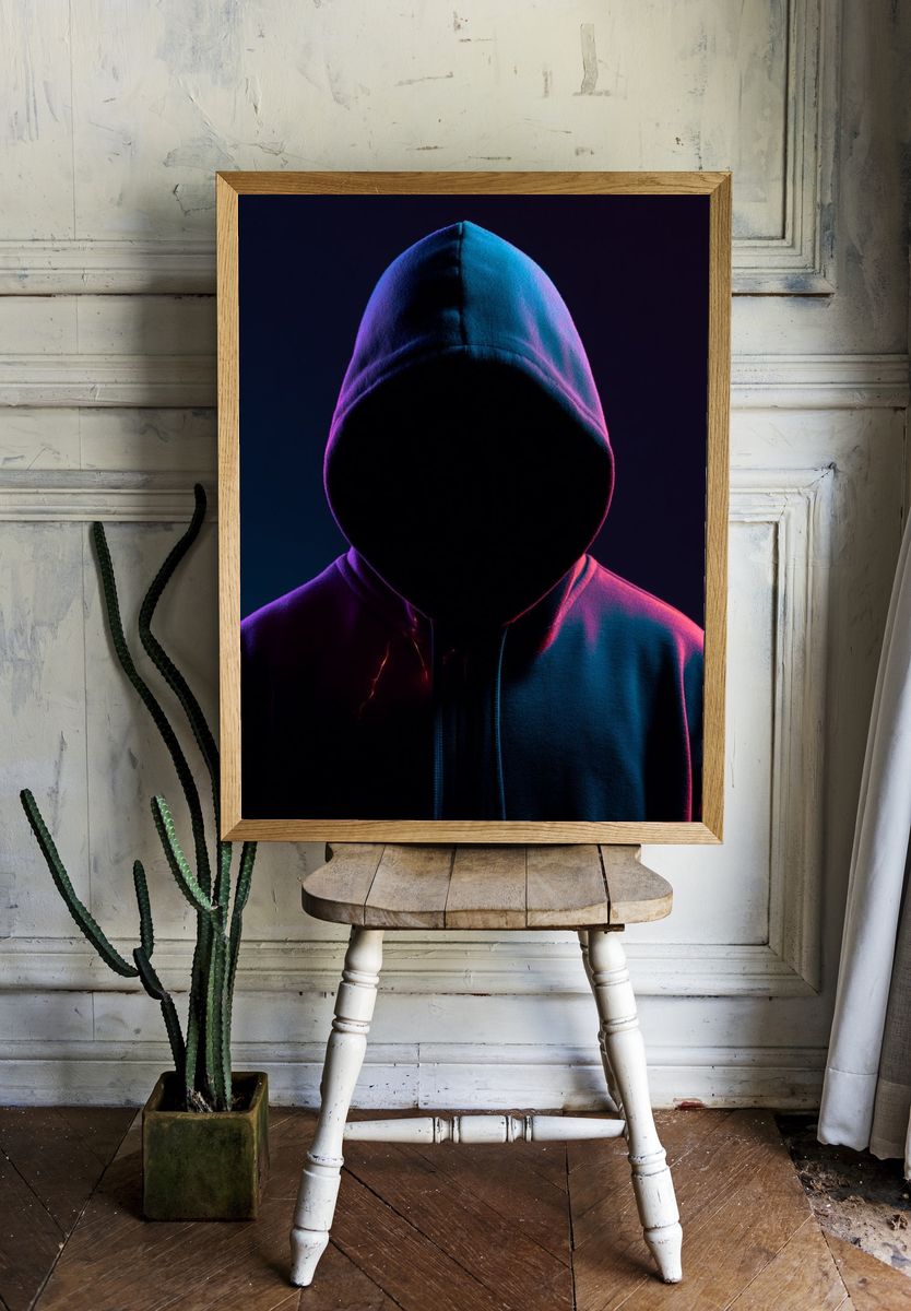 Neon Hooded Figure Photography Poster. room preview