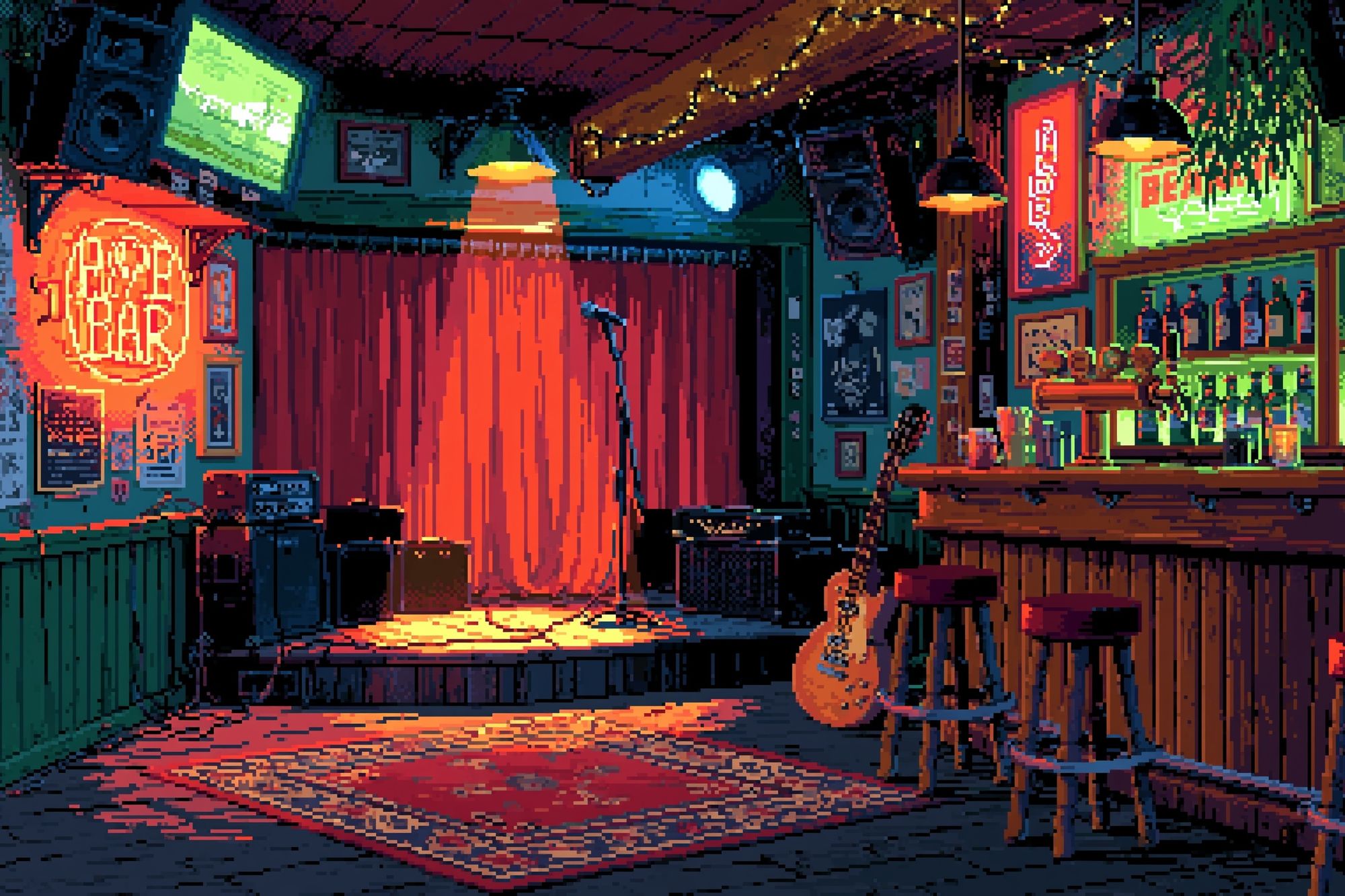 Neon Jazz Bar Interior Print. poster — illustration art