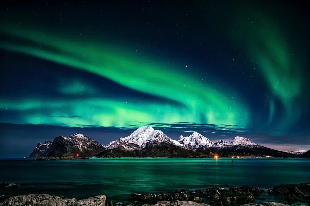 Northern Lights Over Snowy Mountains — Photography Print. poster — photography art