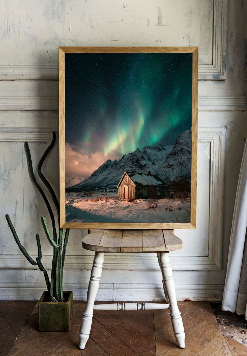 Northern Lights Over Cabin — Photography Print. — room view 1
