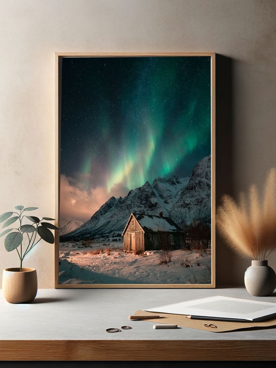 Northern Lights Over Cabin — Photography Print. — room view 2