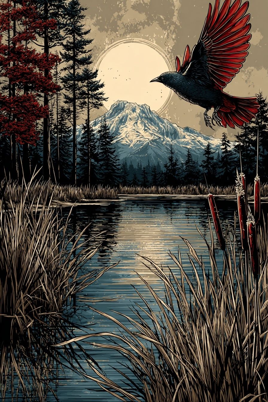 Mountain Landscape with Bird — Nature Print. poster detail