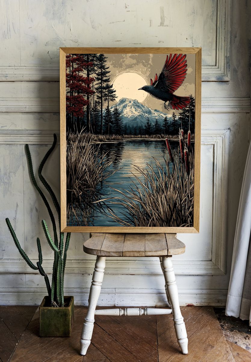 Mountain Landscape with Bird — Nature Print room preview