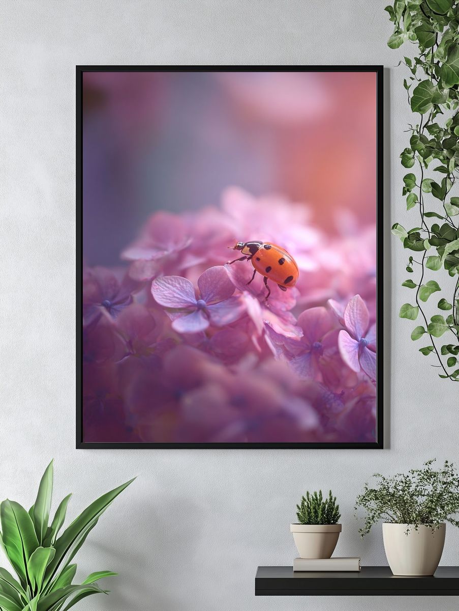 Ladybug on Pink Flowers Poster. — room view 4