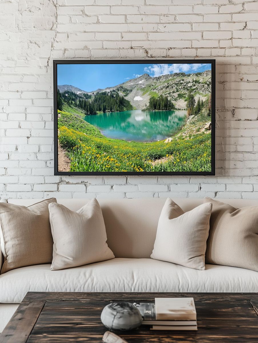 Mountain Lake with Wildflowers — Nature Poster. room preview