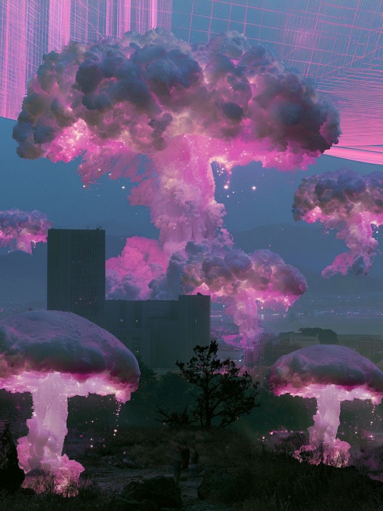 Neon Mushroom Clouds Surrealism Poster. poster detail