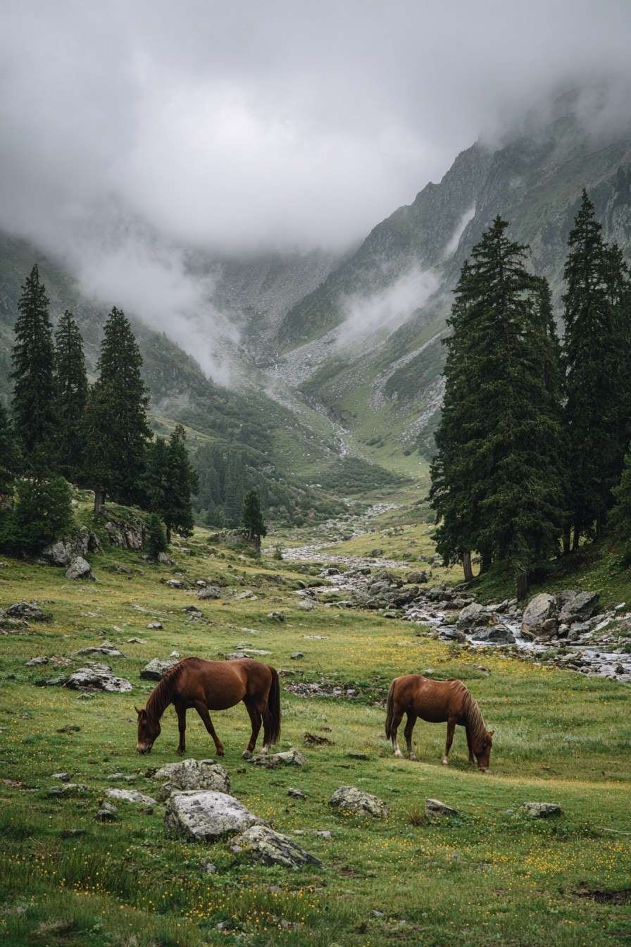 Horses in Misty Mountains — Nature Print. poster detail
