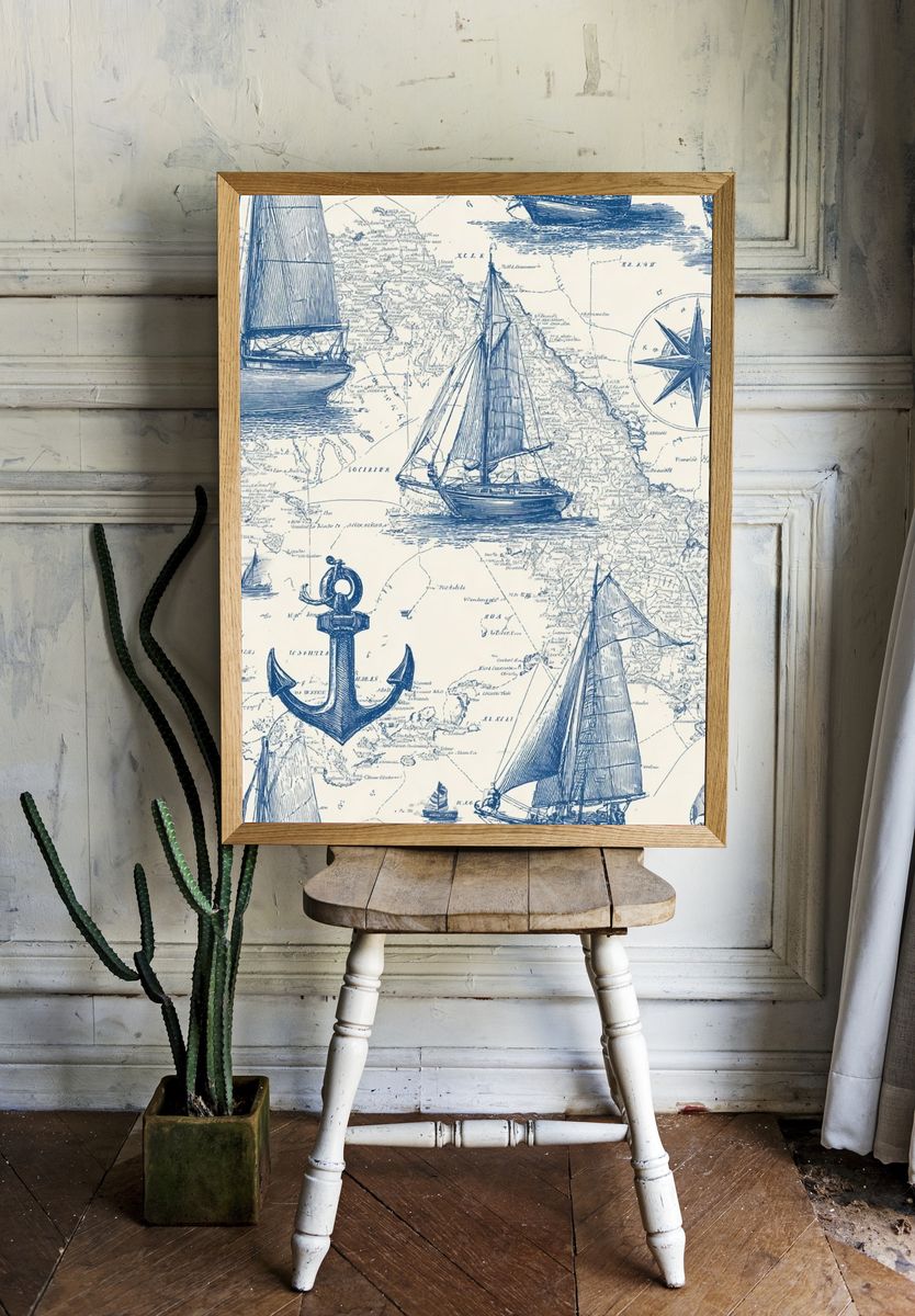 Nautical Map with Sailboats — Vintage Print. room preview