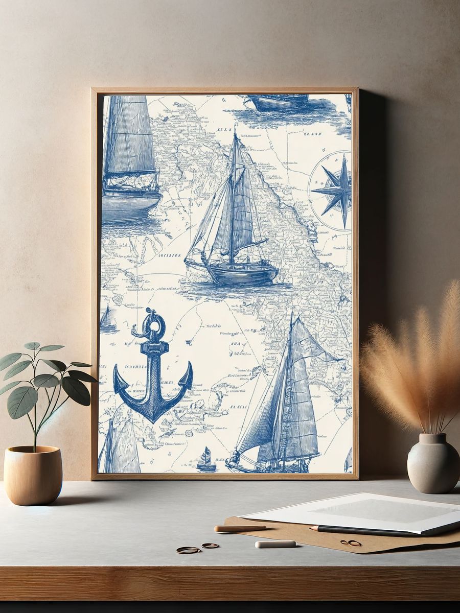 Nautical Map with Sailboats — Vintage Print. — room view 2