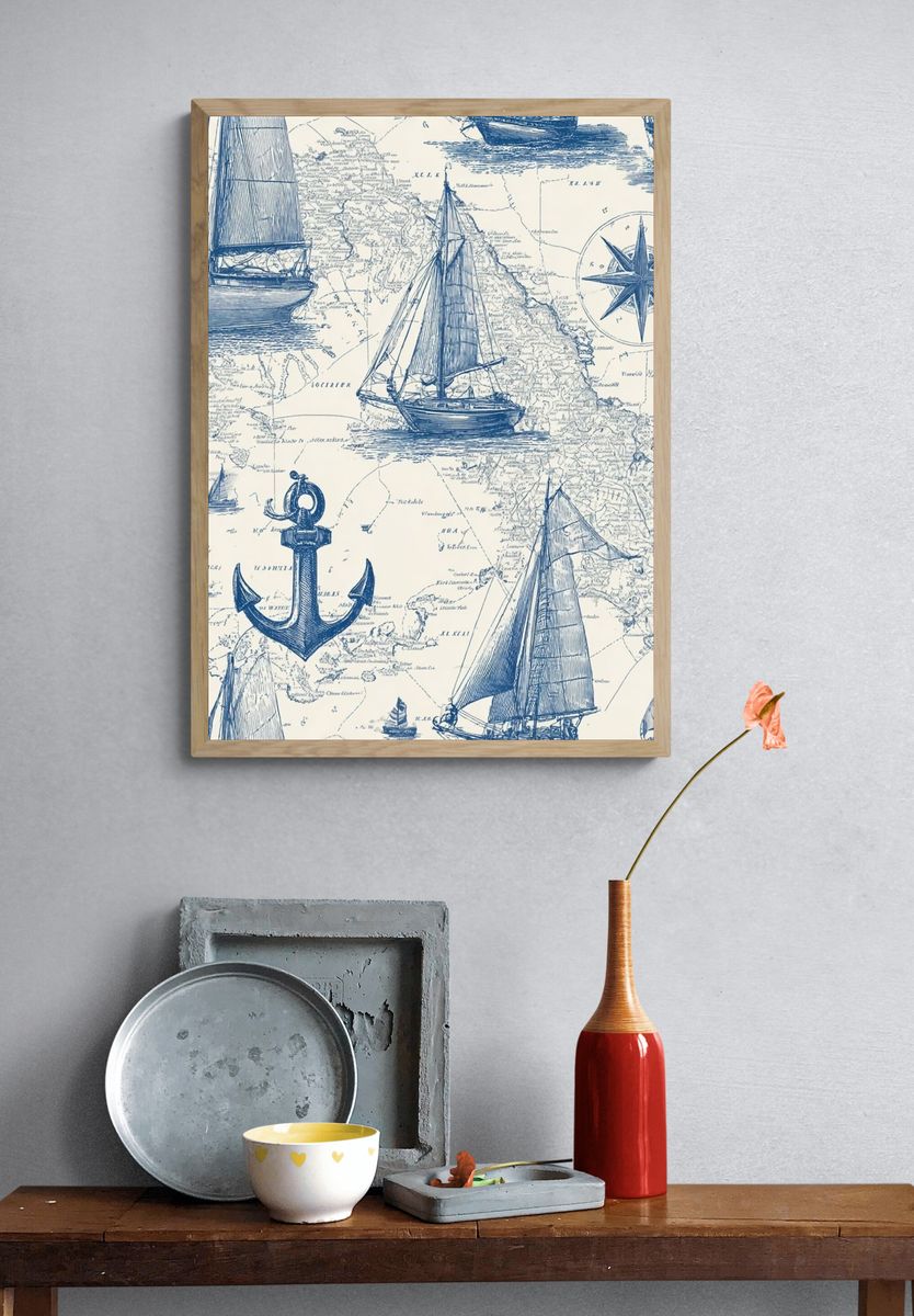 Nautical Map with Sailboats — Vintage Print. — room view 3