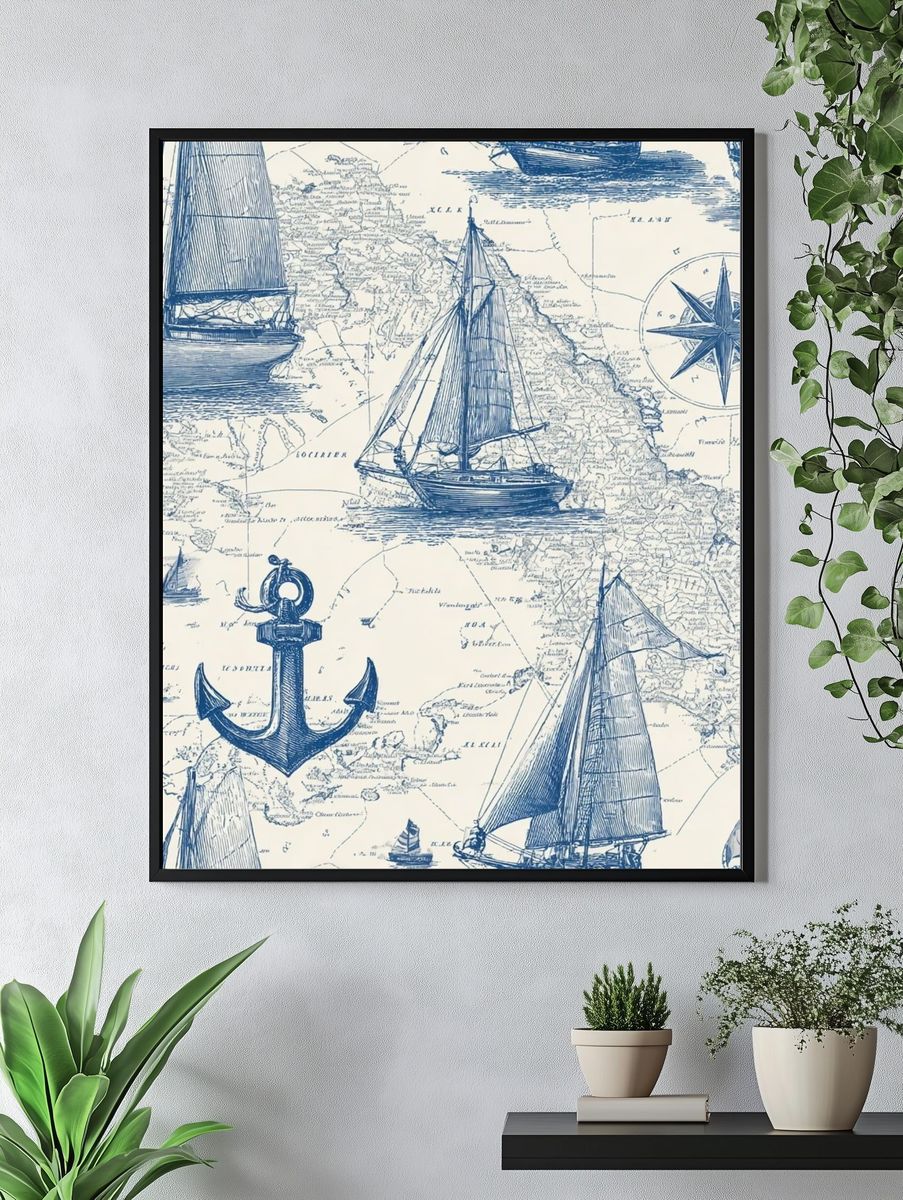 Nautical Map with Sailboats — Vintage Print. — room view 4