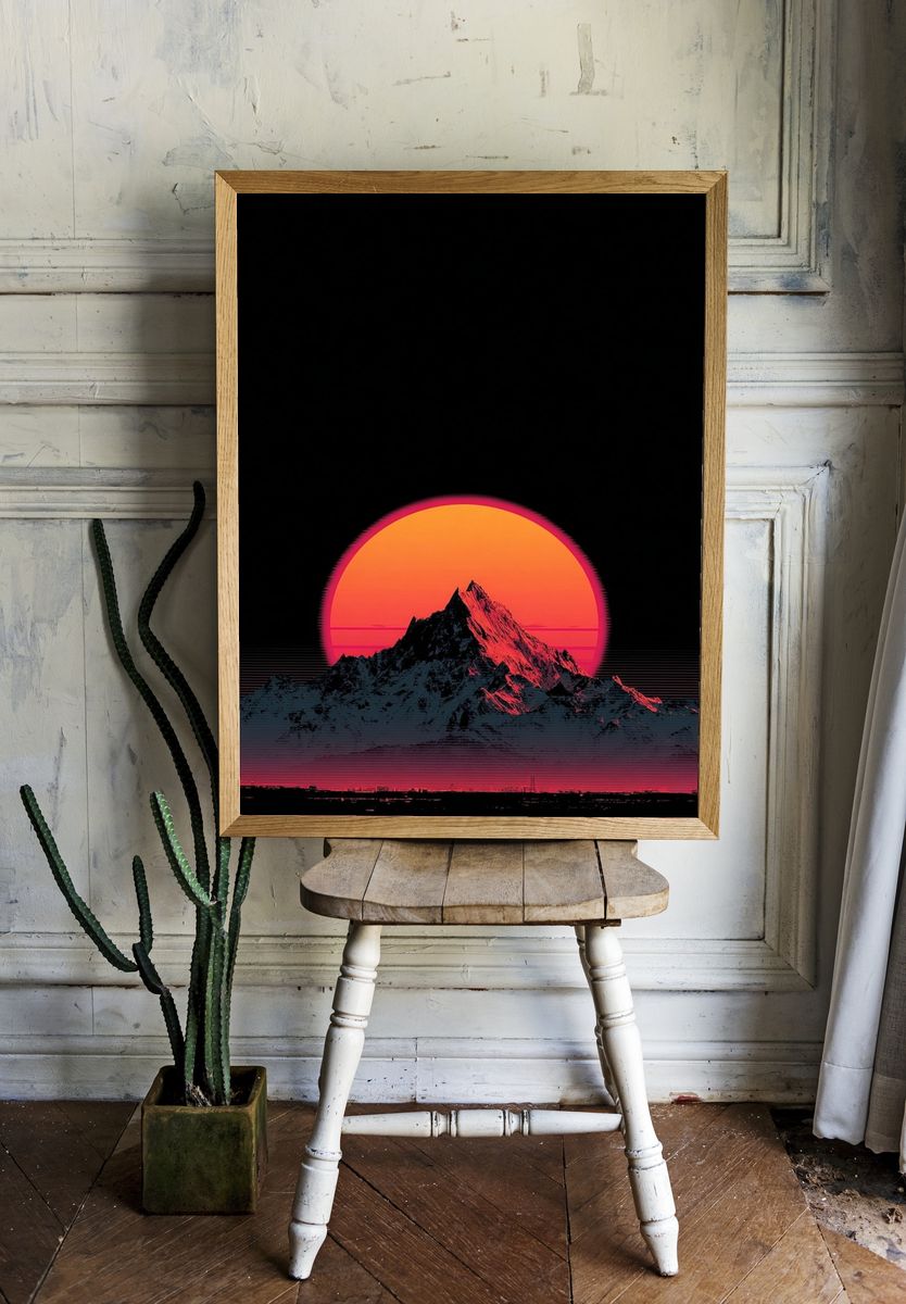 Neon Mountain Sunset Print. room preview
