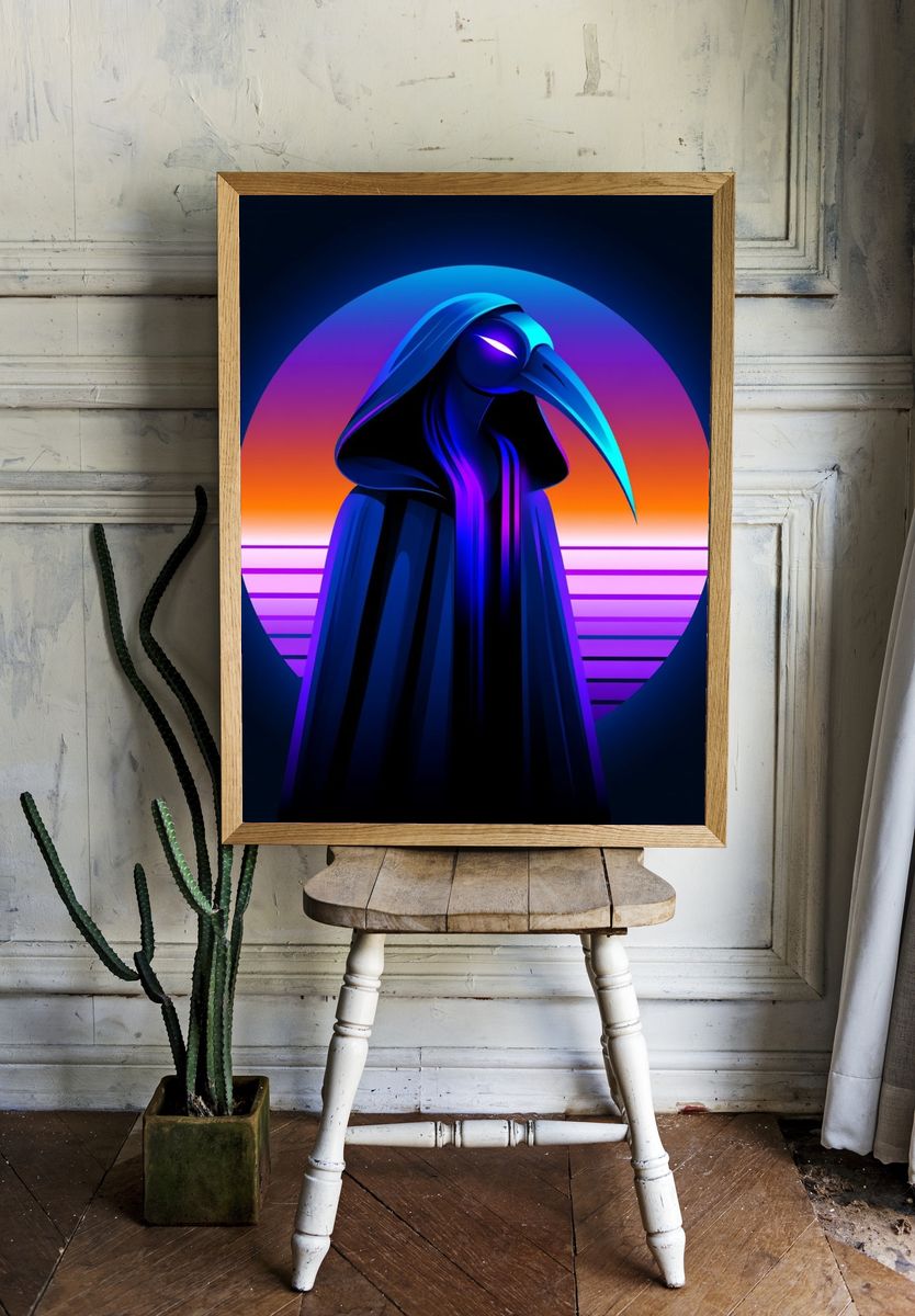 Neon Plague Doctor Illustration Poster. room preview