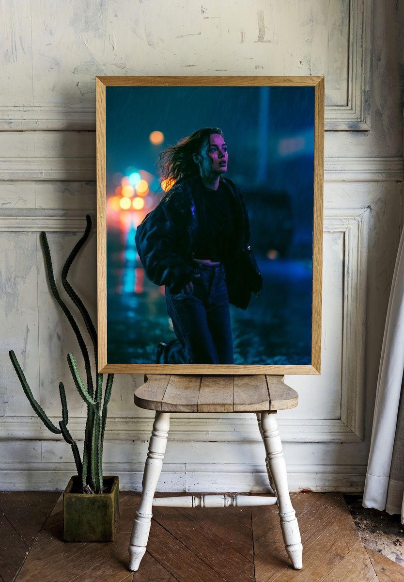 Neon Rain Street Portrait Poster. room preview