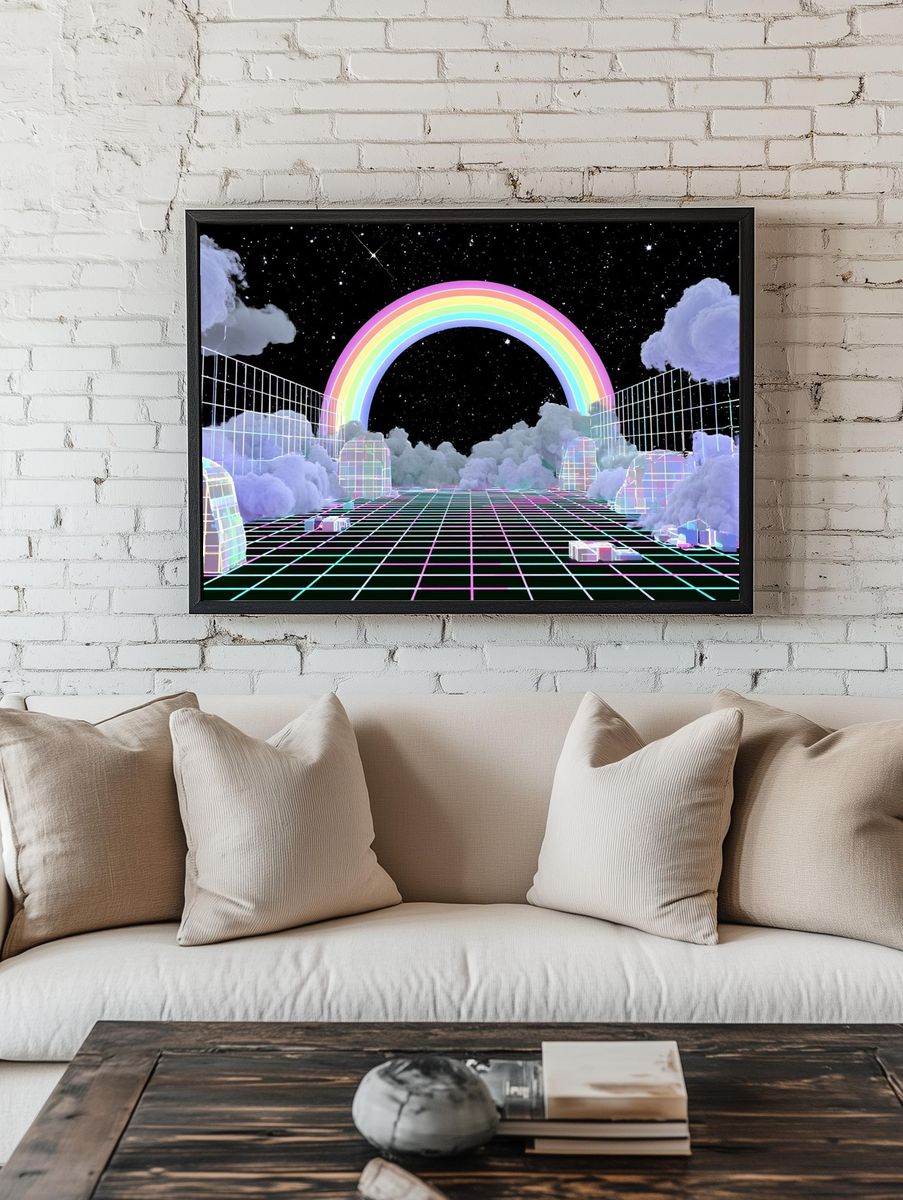 Neon Rainbow Cloudscape Poster. — room view 1