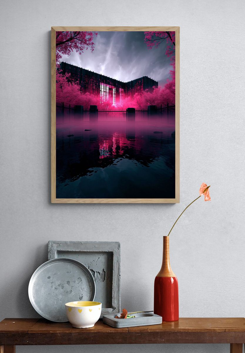 Neon Sakura Cityscape Poster. — room view 3