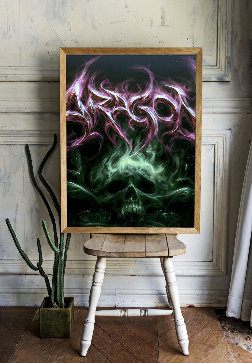 Neon Skull Smoke Illustration Poster. room preview