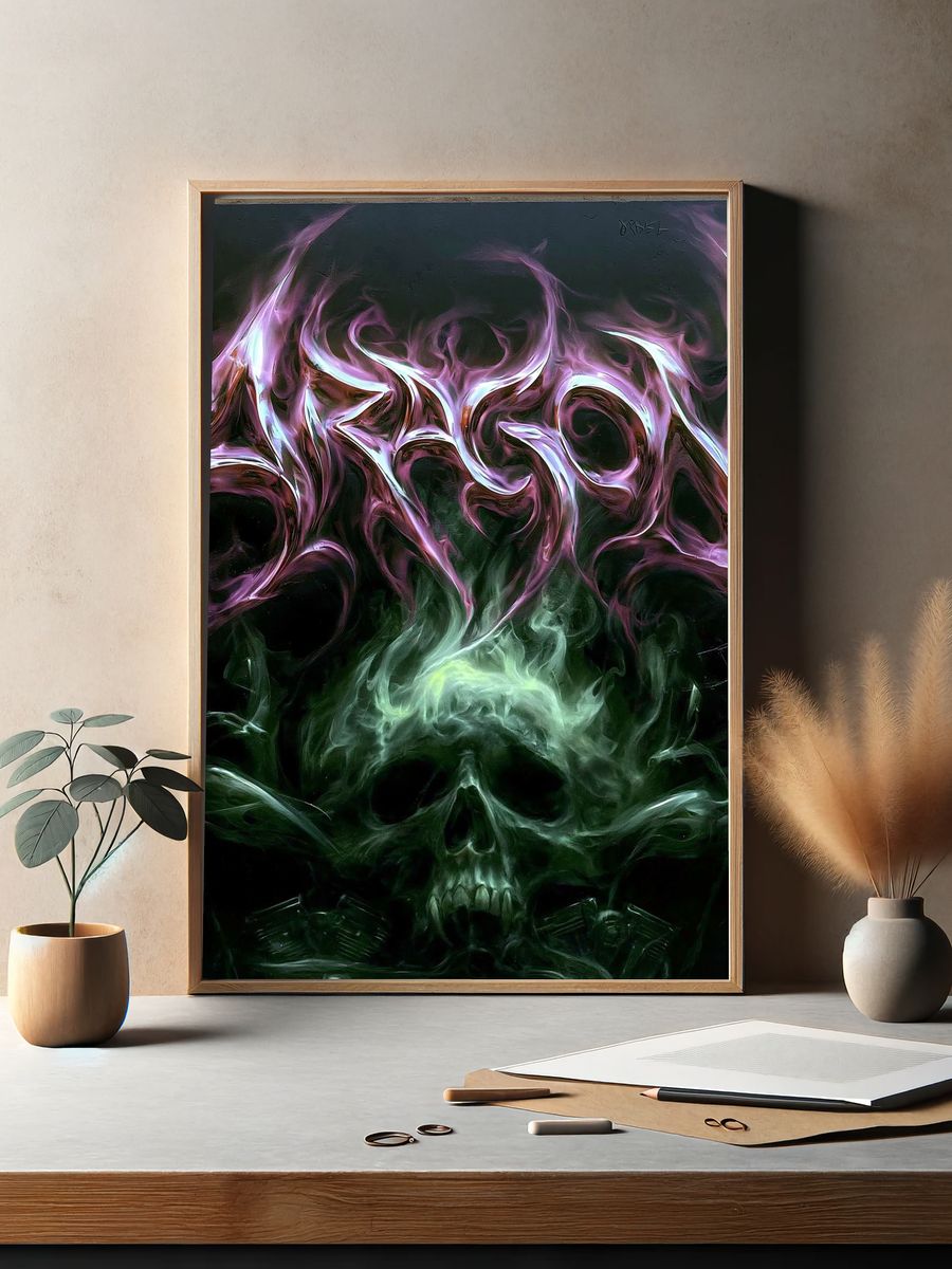 Neon Skull Smoke Illustration Poster. — room view 2