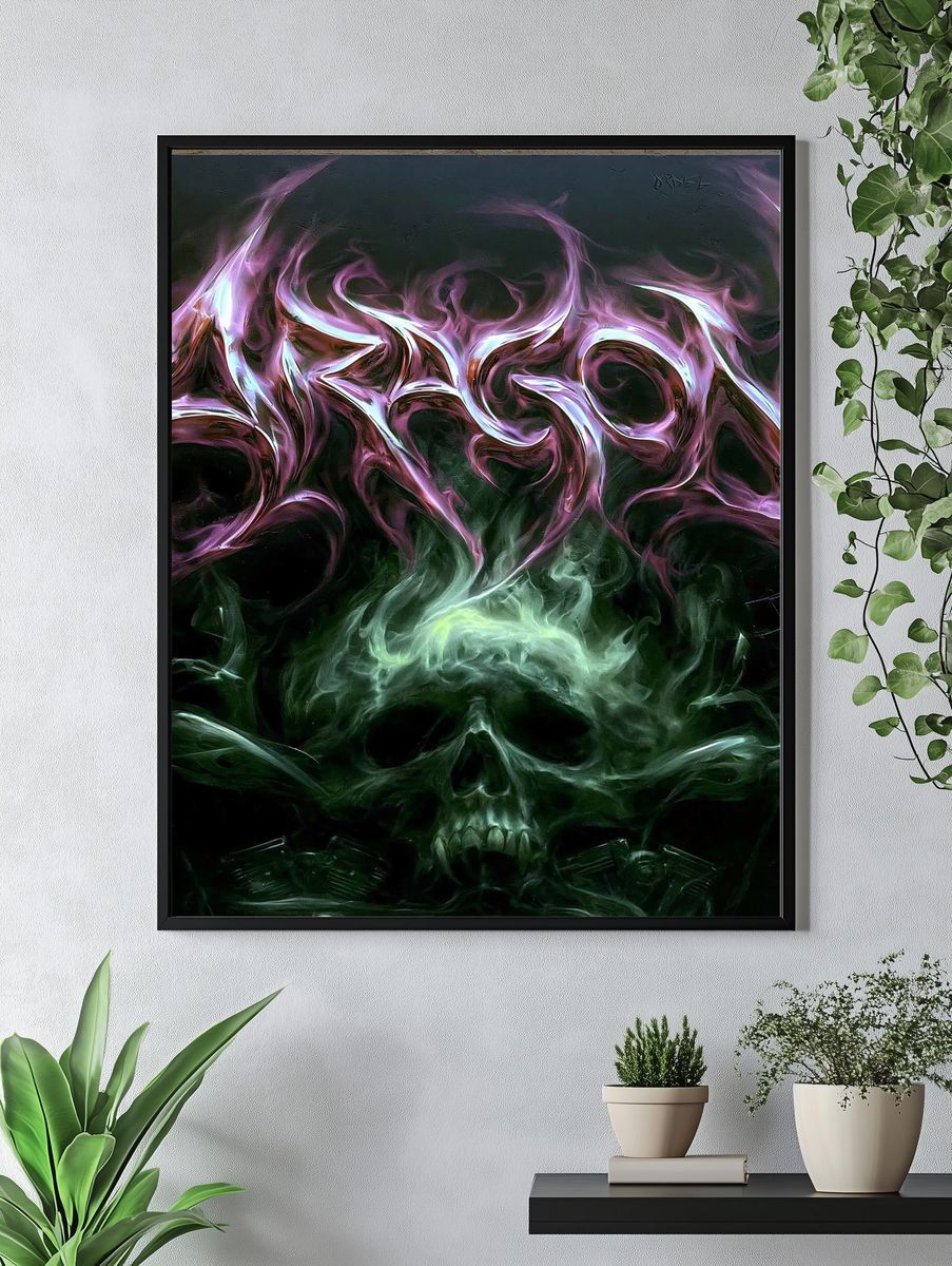 Neon Skull Smoke Illustration Poster. — room view 4